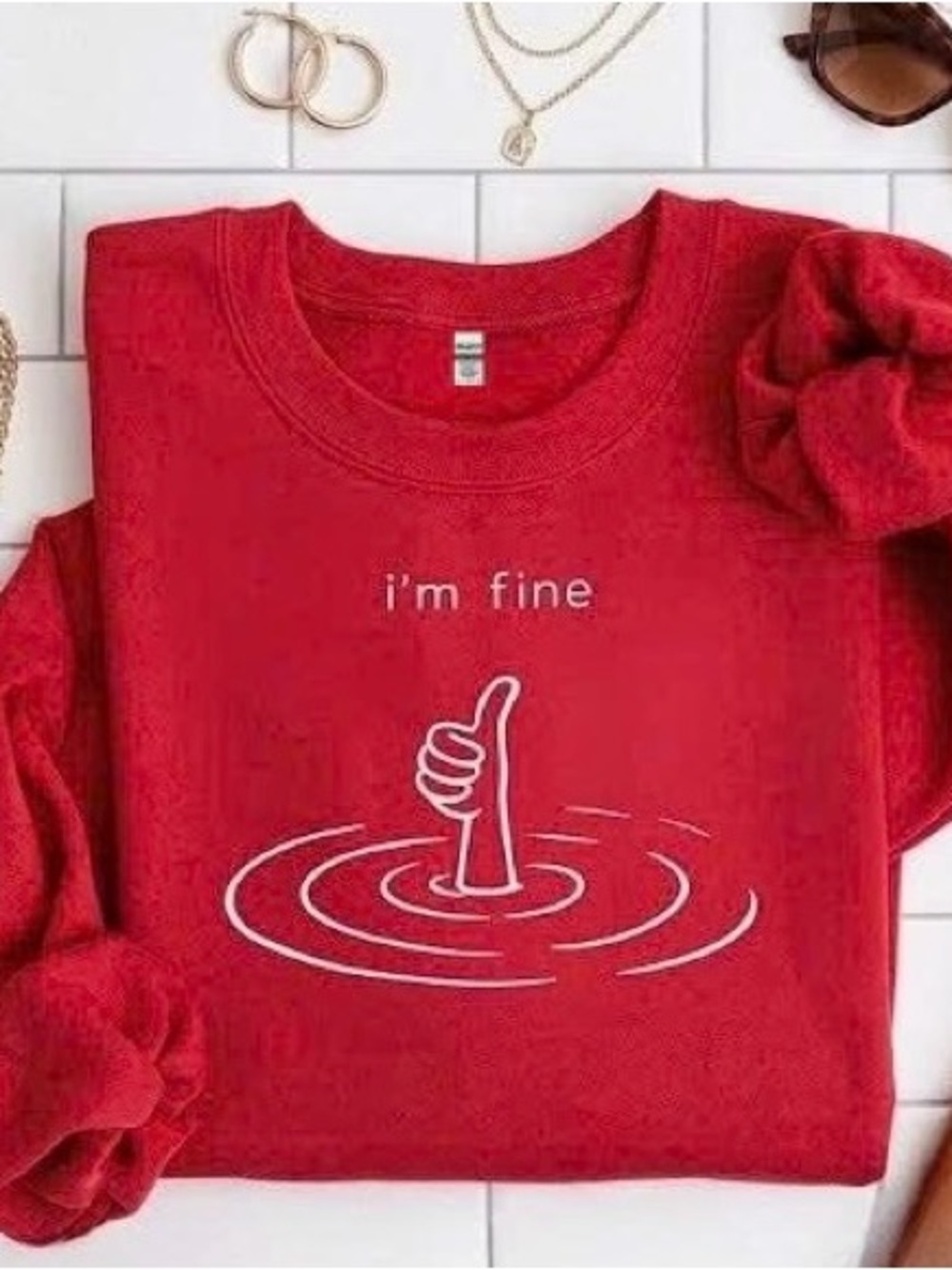 Sarcastic Mood I'm Fine Line Art Graphic Sweatshirt Red Cozy Top